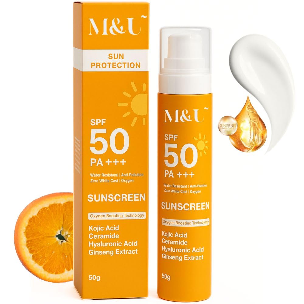 M & U Sunscreen SPF 50 +++ For Dry, Sensitive skin | with Hyaluronic acid & Ceramide | Lightweight Texture | Non-Greasy | No White Cast | Fragrance Free | For Men & Women | 60 g