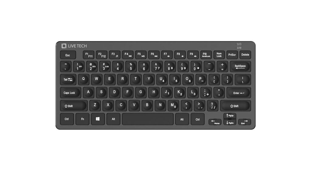 Live Tech WMK05 Wireless Keyboard – 2.4GHz + Bluetooth, Compact 78-Key Design, 10 FN Multimedia Keys, Ergonomic Water Droplet Keycaps, Compatible with Windows - Black