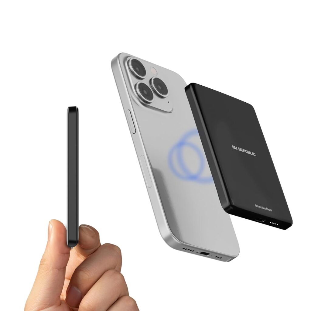 Nu Republic Powerpop X1 5000mAh Ultra Slim Power Bank - Lightest & Slimmest, Magnetic Fast Charging Wireless Powerbank with 20W Wired Type-C PD Output, 15W Wireless Output, 9mm Metallic Finish (Black)