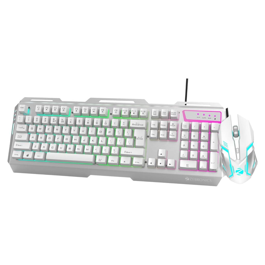 ZEBRONICS Transformer USB Gaming Keyboard & Mouse Combo,Braided Cable,Durable Al Body,Multimedia Keys & Gaming Mouse with 6 Buttons,Multi-Color LED Lights,High-Resolution Sensor with 3200 DPI(White)