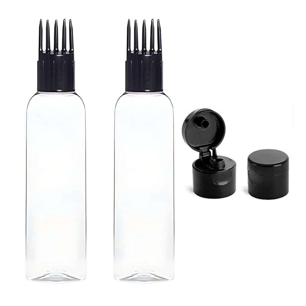 Hian Hair Oil Applicator Bottle with Comb Tip & Two Flip Caps | 100 ml, Pack of 2 (Black) | Transparent Refillable Plastic | Root Care & Mess-Free Scalp Application | For Easy Oil & Shampoo Dispensing