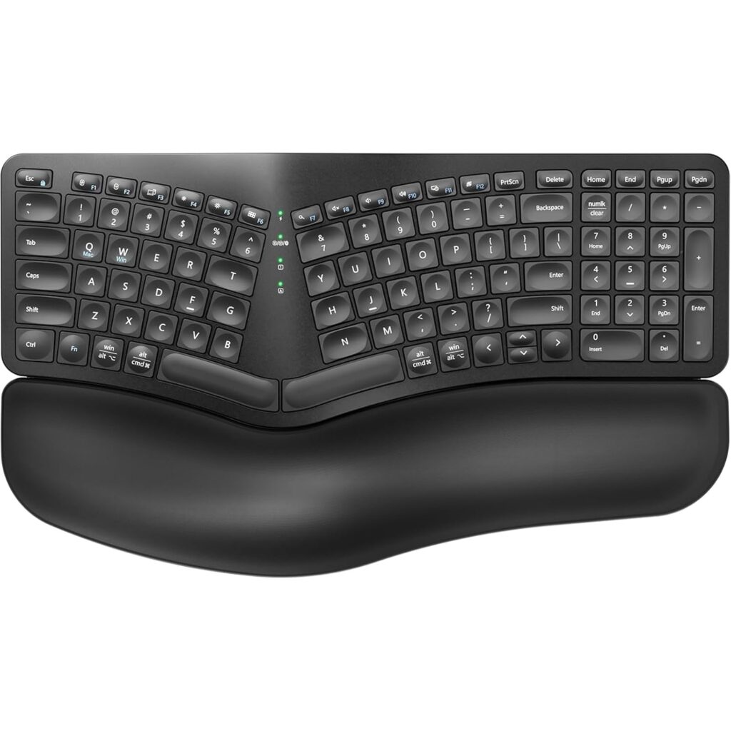 Ergonomic Wireless Keyboard, Wave Keys Bluetooth/2.4G Split Design Ergo Wireless Keyboard with Cushioned Palm Rest, Multi-Device, Rechargeable, for Multi-OS, Windows/Mac/Android