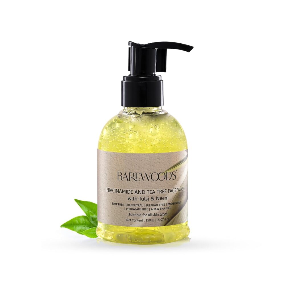 BAREWOODS Neem, Tea Tree & Tulsi Face Wash With Niacinamide For Oily Skin | Sulphate Free, Prevents Acne For Blackheads & Open Pores | Hydrating & Non Drying | Women & Men | 150Ml