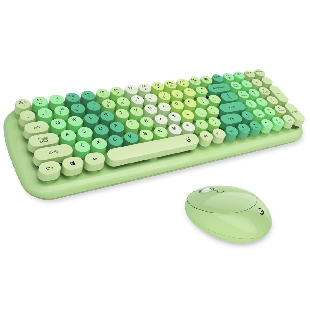 iGear KeyBee Retro Typewriter Inspired 2.4GHz Wireless Keyboard with Mouse Combo for Desktop/Laptop and Devices with USB Support, Single Nano Receiver, Round Keycaps, Cleaning Brush (White) (Green)
