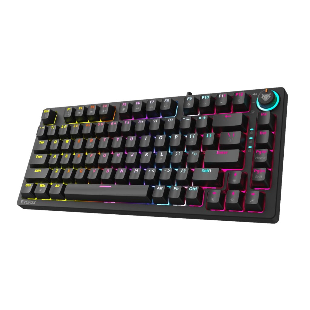 EvoFox Katana X2 TKL Mechanical Gaming Keyboard | 3‑Pin Replaceable Clicky Blue Switches, Dynamic Backlighting, All Keys Anti‑Ghosting, Volume Knob, Copilot, Xbox Gamebar, Screenshot & More (Black)