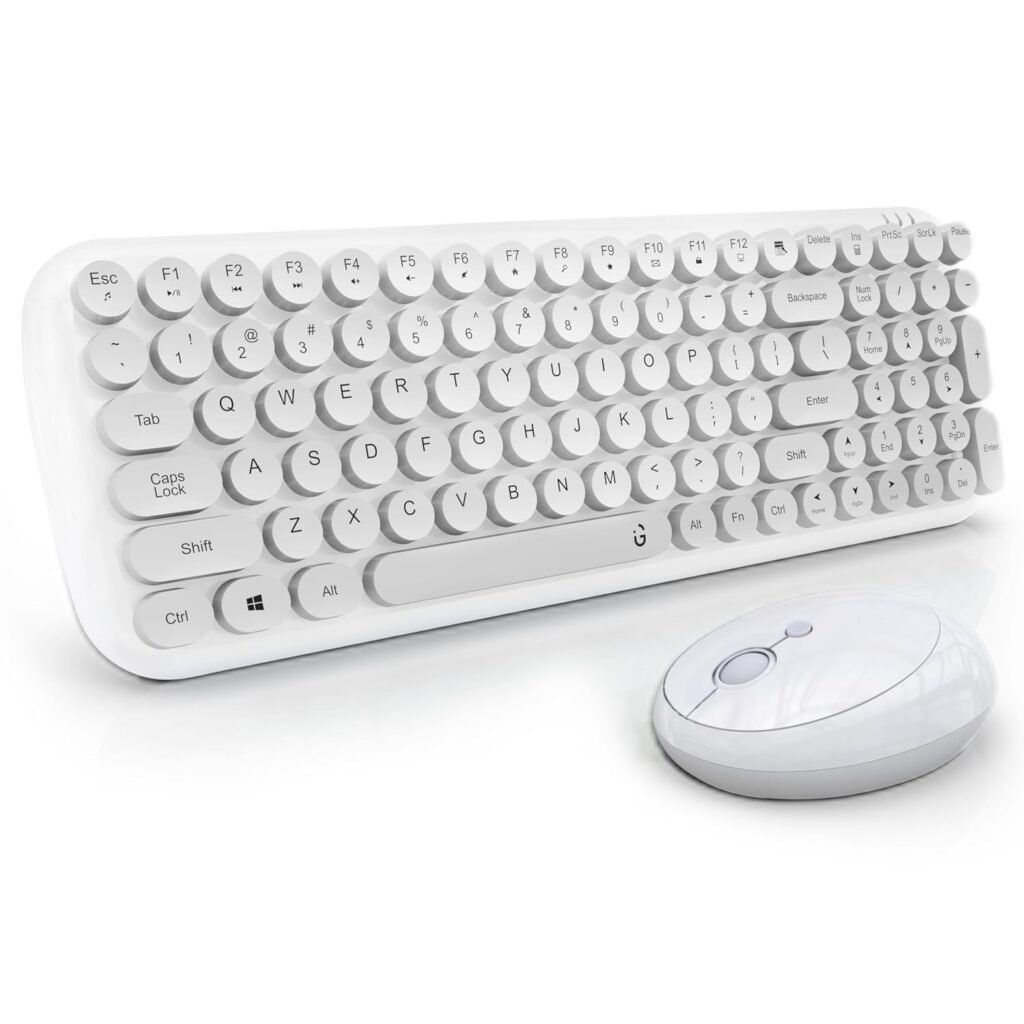 iGear KeyBee Retro Typewriter Inspired 2.4GHz Wireless Keyboard with Mouse Combo for Desktop/Laptop and Devices with USB Support, Single Nano Receiver, Round Keycaps, Cleaning Brush (White) (White)