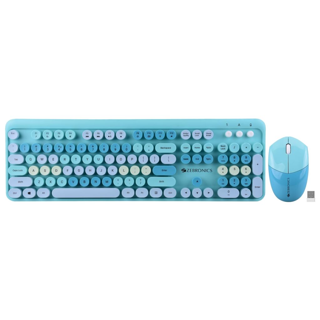 ZEBRONICS Newly launched Companion 301 2.4GHz Wireless Keyboard & Mouse Combo with UV Printed, Retro Style Keys, 104 + 12 Integrated Multimedia Keys, 1600 DPI, High Precision (Aqua Green)