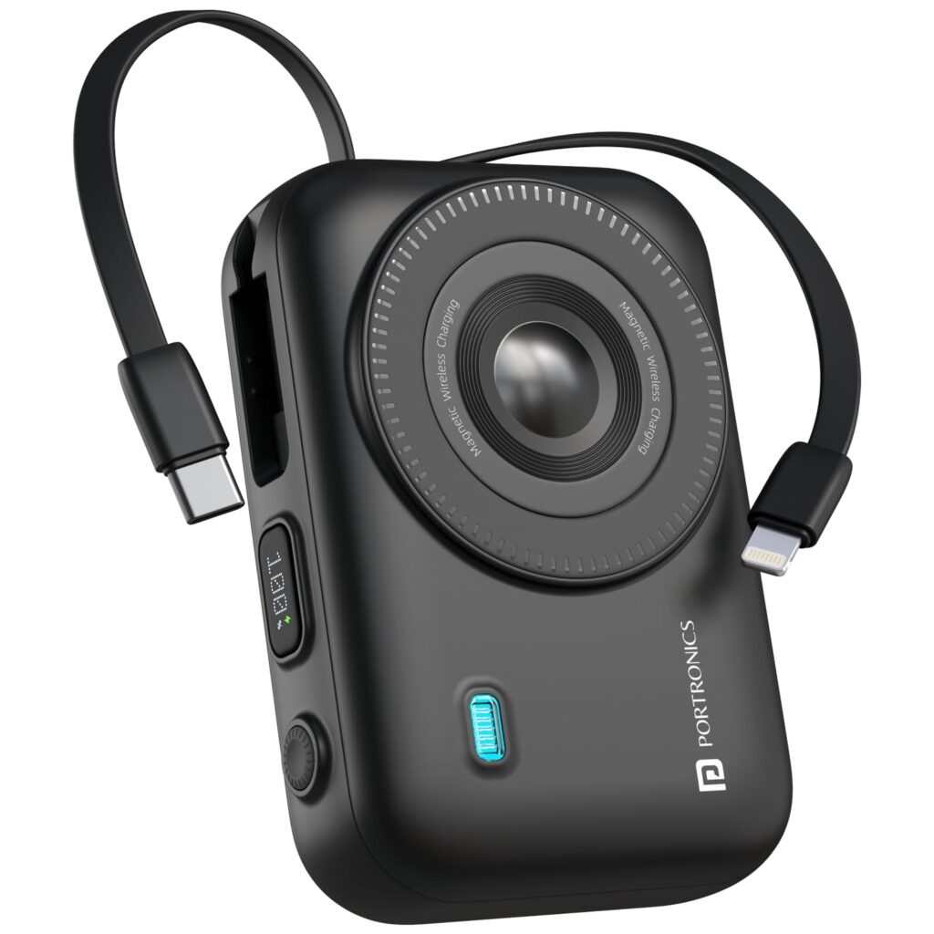 Portronics Power Shutter 20000mAh 15W Magnetic Wireless Fast Charging Powerbank with in-Built Type C & 8 Pin Cable, 22.5W Type C PD Output, Type C Bidirectional Port, LED Display (Black)