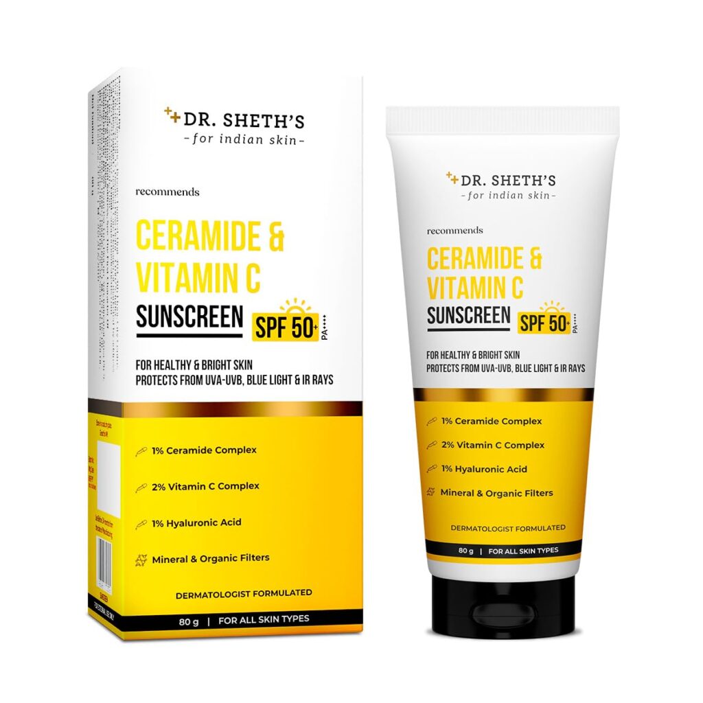 Dr. Sheth's Ceramide & Vitamin C Sunscreen|SPF 50+ Pa+++|In-Vivo Tested|For Bright Skin & HealthyGlow|Non-Greasy,Quick-Absorbing,No WhiteCast|UVA/B & Bluelight Protection|Unisex|For All Skin Type|80 g