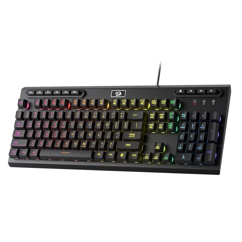 Redragon K513 RGB Membrane Gaming Keyboard, Standard 104 Keys Linear Mechanical-Feel Keyboard w/ 5 Extra On-Board Macro G Keys, Dedicated Media Control, Solid Metal Top Case