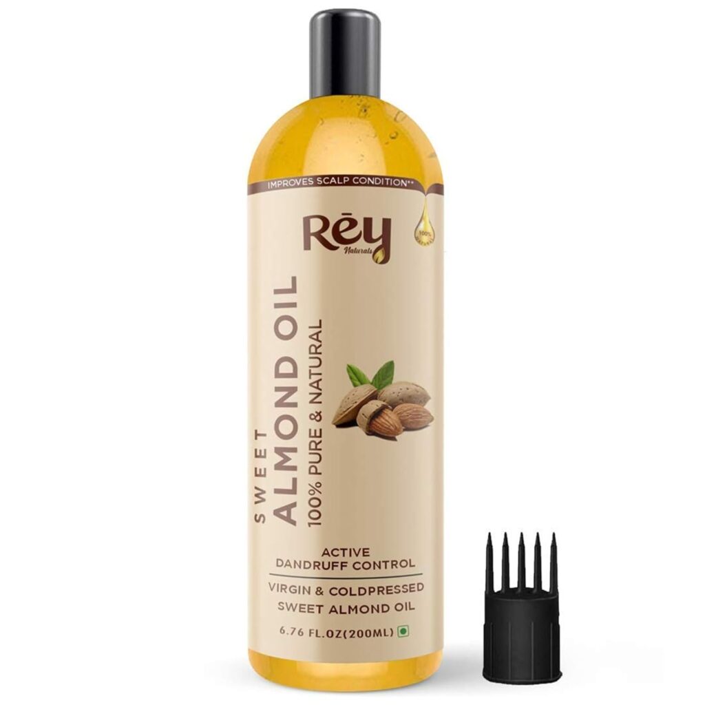 Rey Naturals Cold Pressed Sweet Almond Oil For Skin & Hair Growth - 200ml | Pure Almond Oil For Skin Face Massage | Rich In Vitamin-E | Badam Oil For Soft, Shiny & Dandruff Free Hair