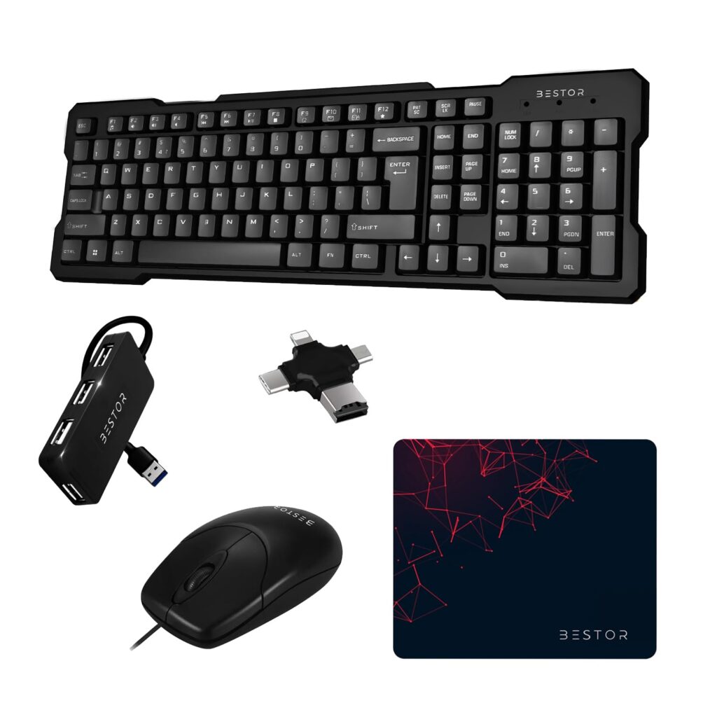 Bestor Set of 5 Combos of USB Wired Keyboard, Wired Mouse, Mouse Pad Base Waterproof, Card Reader & 4 Port USB HUB for PC, Laptop, Computer