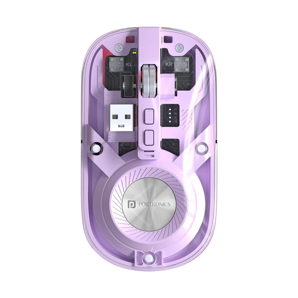 Portronics Toad 8 Transparent Wireless Bluetooth Mouse with Dual Wireless (BT + 2.4 GHz), Rechargeable Battery, Noise-Free Clicking, Show/Hide Desktop, Multi-Device Pair, Adjust Sensitivity (Purple)