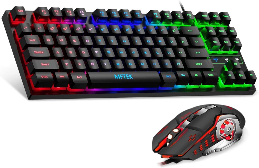 Being One MFTEK RGB Rainbow Gaming Keyboard and Mouse Combo, Compact 87 Keys Backlit Computer Keyboard with Gaming Mouse, USB Wired Set for PC Gamer Laptop Work