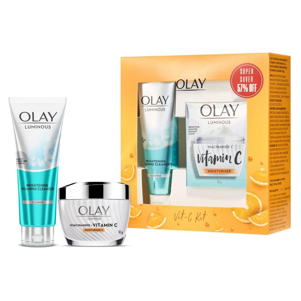 Olay Vitamin C Kit for 2X Glow | Vitamin C Cream with Free Cleanser l Even Glow and Smooth Texturee | With Niacinamide l Normal, Oily, Dry & Combination Skin l Parabens & Sulphate free | Pack of 2