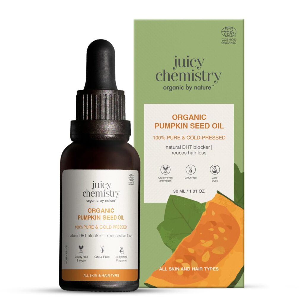 Juicy Chemistry Organic Pumpkin Seed Oil, 30 ml | 100% Pure, Virgin, Cold Pressed & Certified Organic Carrier Oil | Anti-Ageing, Hair Growth, Fast Absorbing