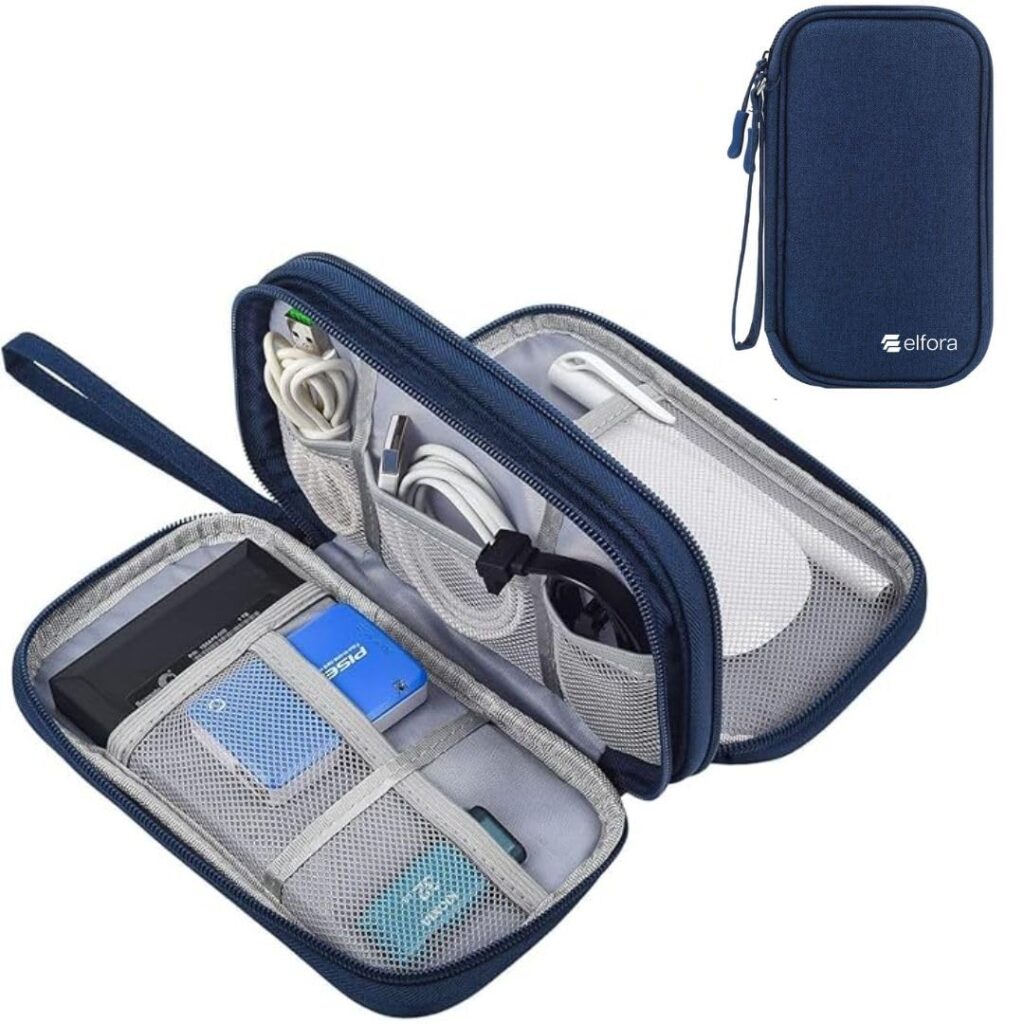 Elfora Compact Cable Organizer Bag | Double Layer Storage Pouch for Cables, Chargers, AirPods, Power Bank & Other Accessories | Durable & Portable Nylon Travel Case with Mesh Pockets – Blue