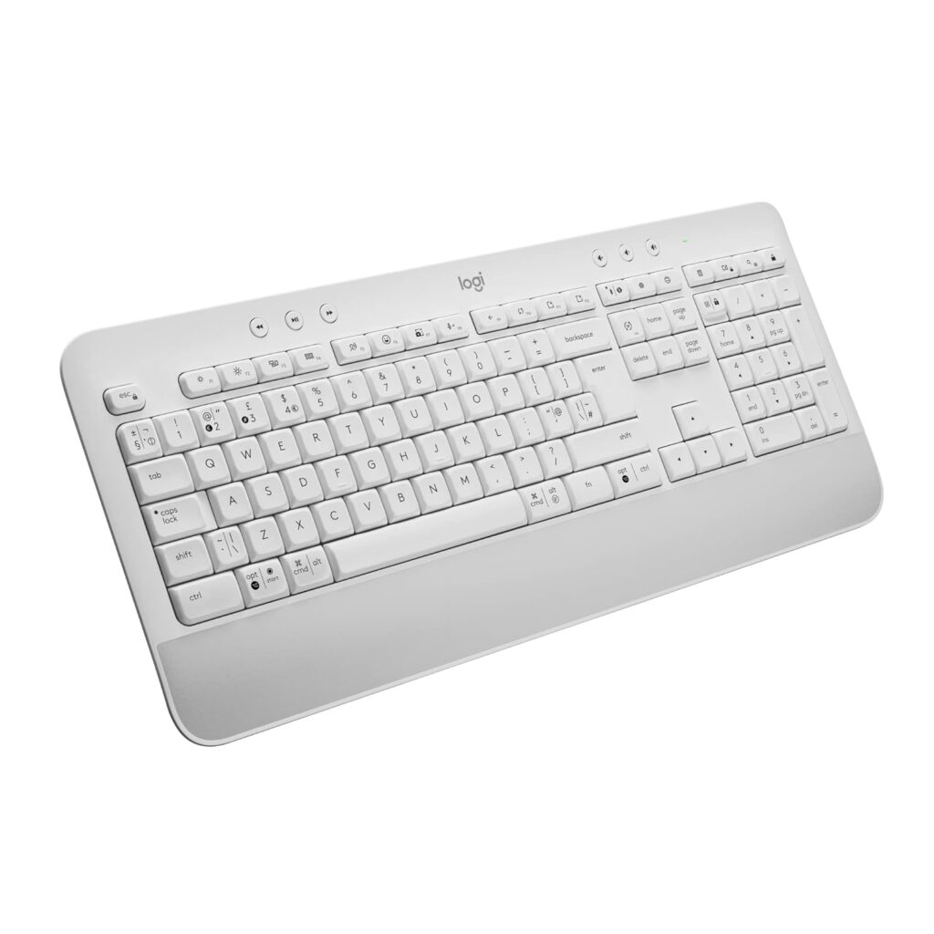 Logitech Signature K650 Wireless Keyboard with Wrist Rest, Full-Size, BLE Bluetooth or Logi Bolt USB Receiver, Comfort Deep-Cushioned Keys, Numpad, Compatible with Most OS/PC/Windows/Mac-White