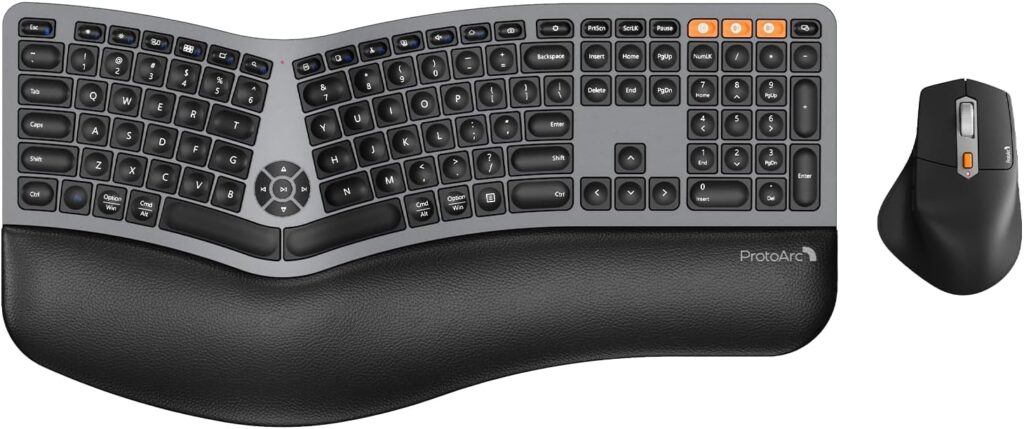 ProtoArc Ergonomic Wireless Keyboard Mouse, EKM01 Plus Full Size Ergo Bluetooth Keyboard Mouse Combo, Split Design, Wrist Rest, Multi-Device, Rechargeable, for Windows/Mac OS-Slate