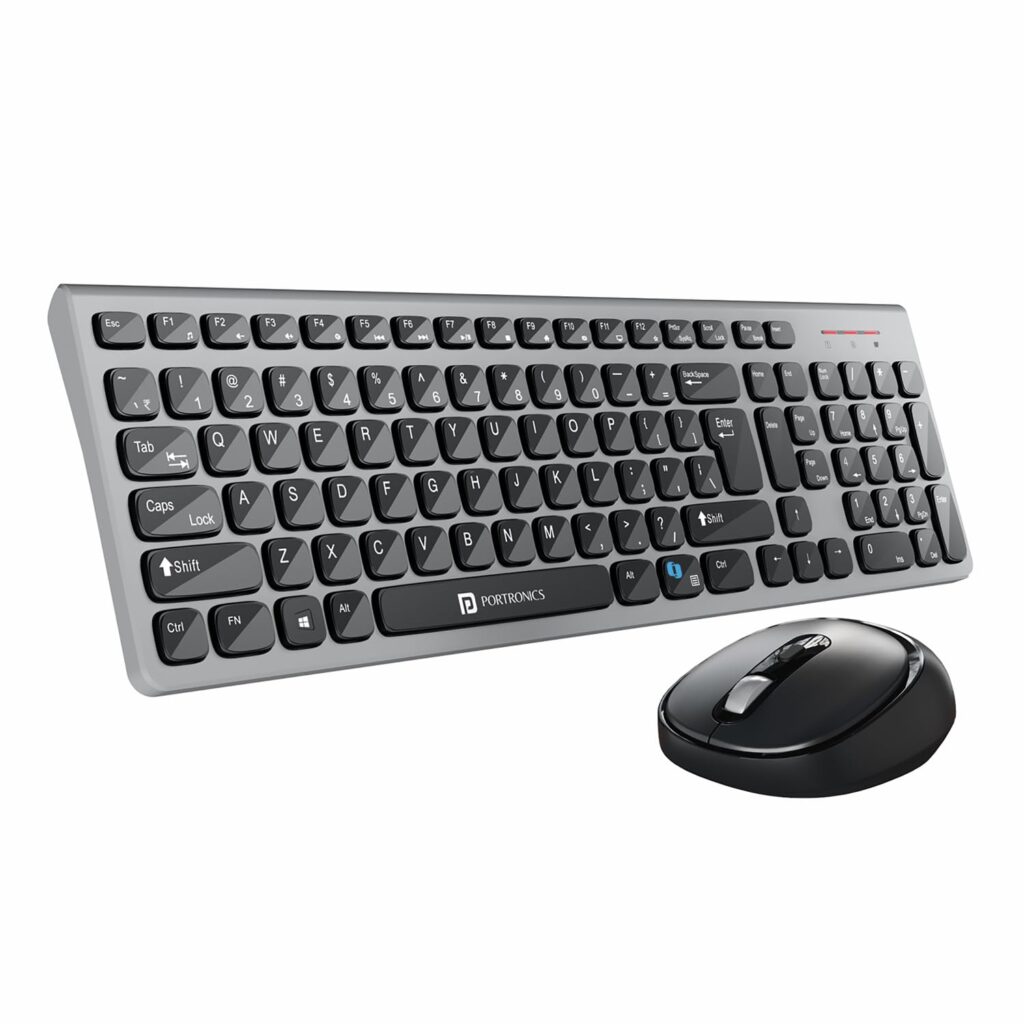 Portronics Key7 Combo Wireless Keyboard & Mouse Set with Copilot AI, 2.4 GHz USB Receiver, 10m Range, 12 Shortcut Keys, Adjustable DPI (Up to 1600), 10M Key Life for PC, Laptop, Mac(Black+Grey)