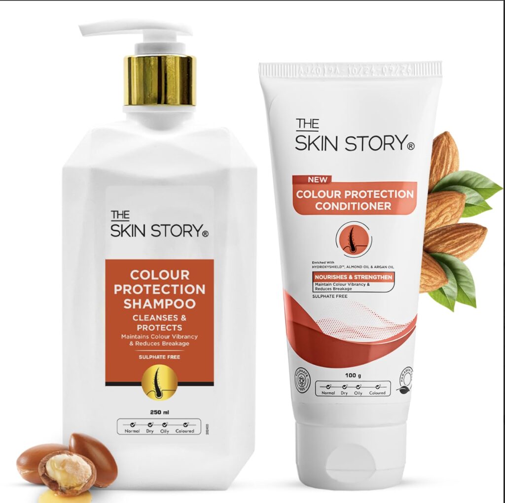 The Skin Story Colour Protection Shampoo & Conditioner Combo | For Coloured Hair | UV Protection & Anti-Fade Formula | Helps Protect Colored Hair | Vitamin E & Glycerin for Nourishment & Hydration | Sulphate & Paraben Free | Locks in Colour | Smooth & Shiny Hair | Shampoo 250ml & Conditioner 100g