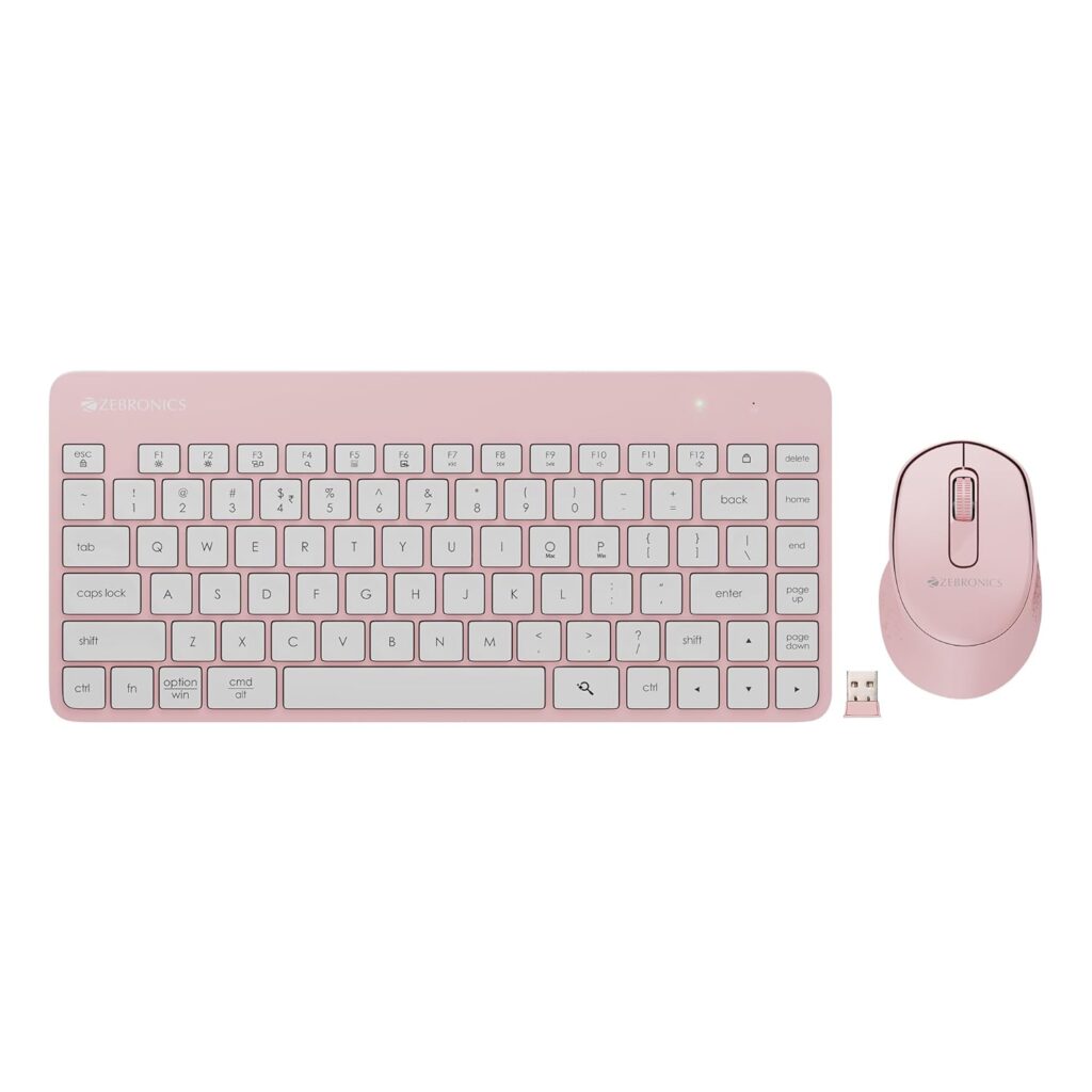 ZEBRONICS Companion 201 2.4GHz Wireless Keyboard & Mouse Combo, 83 Keys, AI Assist Key, 12 Integrated Multimedia Keys, 3 Button Mouse, 1600 DPI, High Precision, Silent Operation (Pink)