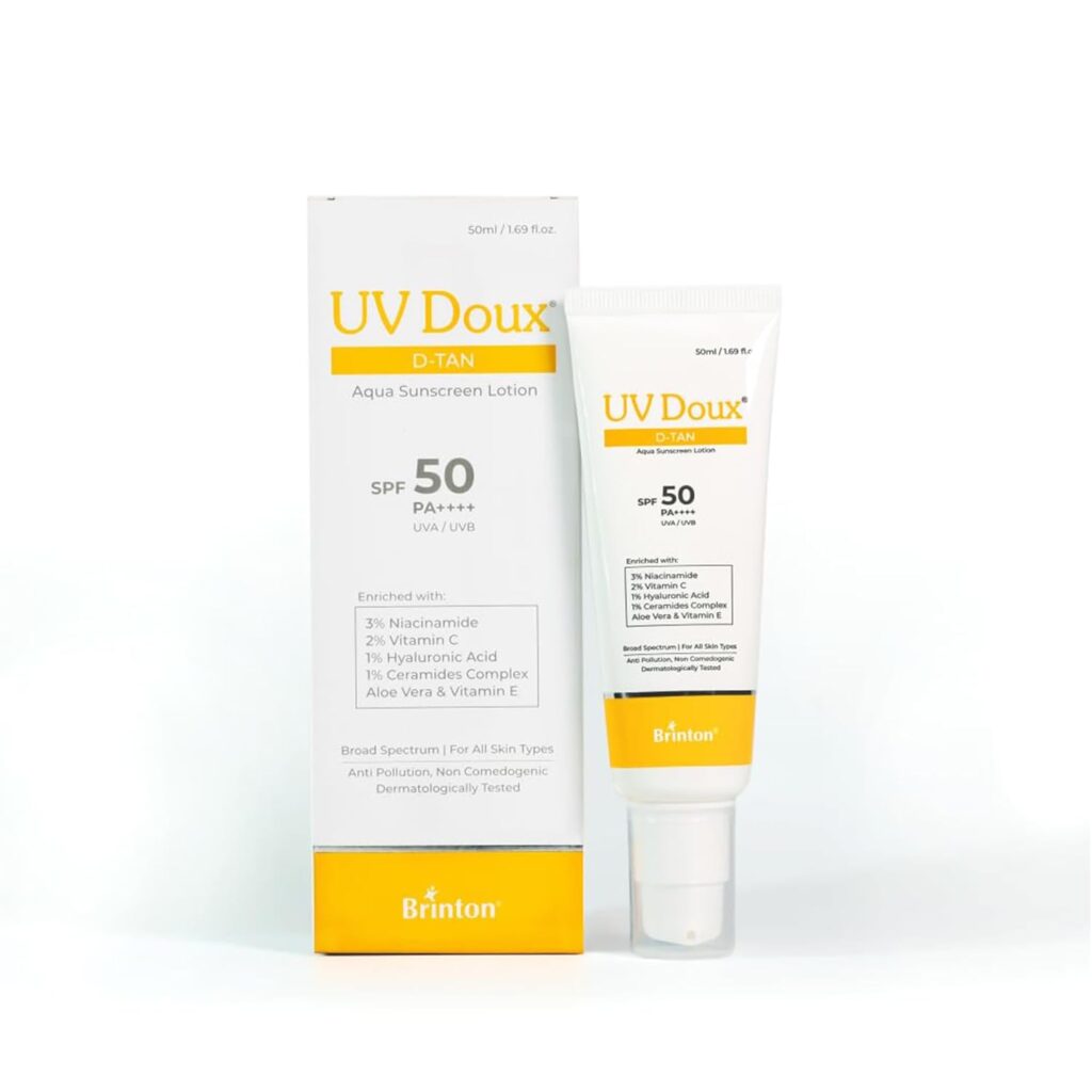 UV Doux D-Tan Aqua Sunscreen Lotion SPF 50 PA++++ | With Niacinamide, Vitamin C, Hyaluronic Acid, Ceramide, Aloe Vera & Vitamin E | Broad Spectrum | Benzene-Free | For Dry & Sensitive Skin | 50 ml