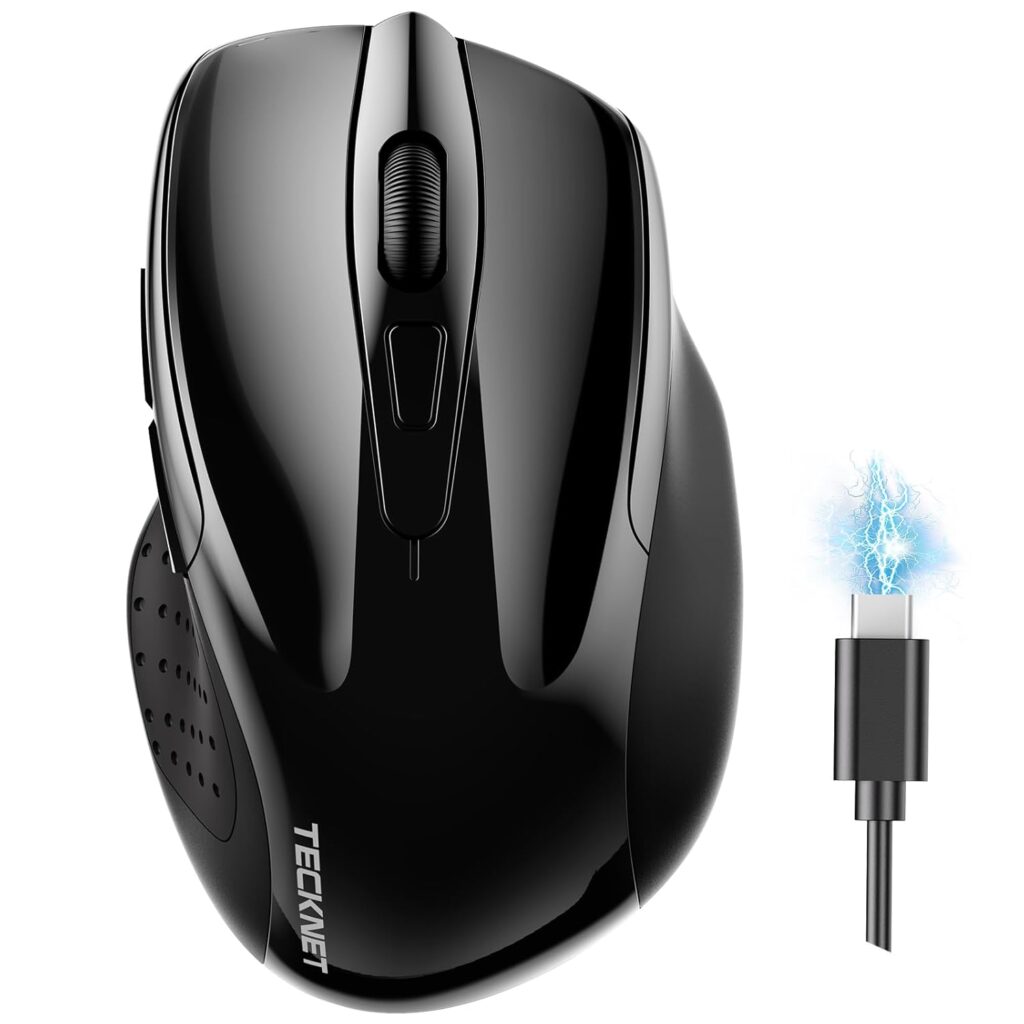 TECKNET Wireless Mouse (BT5.0/3.0 & 2.4G) Rechargeable 4800 DPI Silent USB A & Bluetooth Mouse 6 Buttons, Wide Compatibility - Black