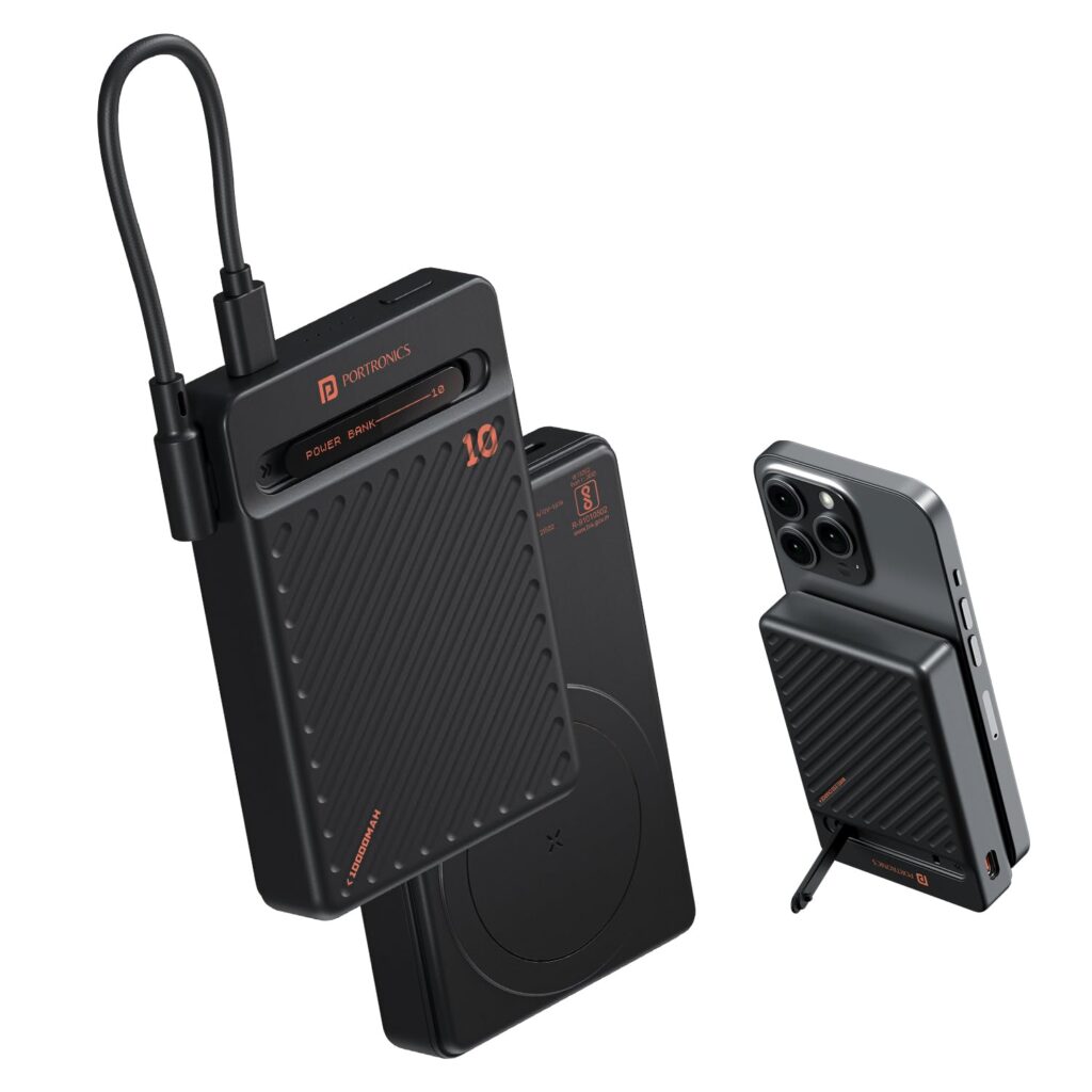 Portronics Chyro 10000mAh 15W Magnetic Wireless Fast Charging Powerbank with MagSafe Mobile Stand,in-Built Type C Cable With 20W Output,For iPhone 12 & Above, Android & Other Qi Enabled Devices(Black)