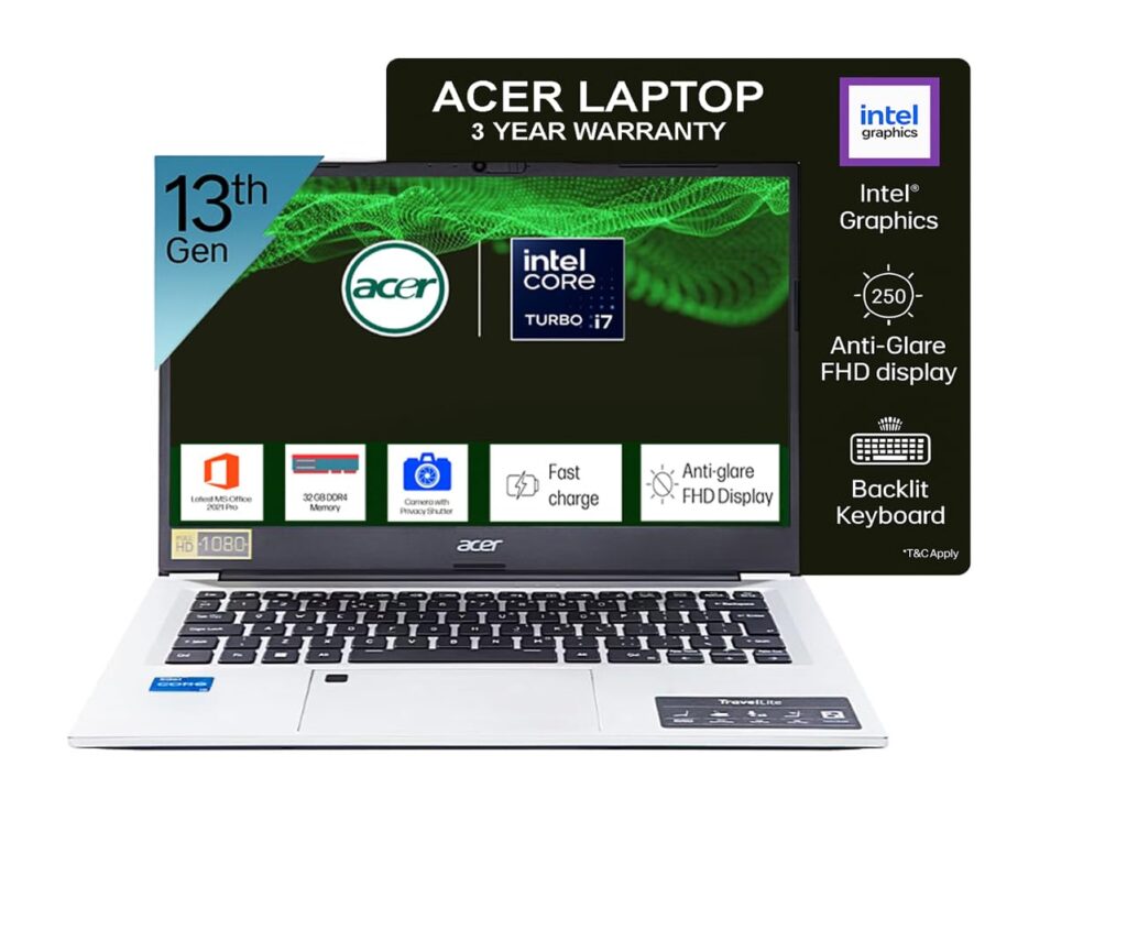 acer Professional 14[New Launch], 13th Gen Intel Core i7-1355U Turbo Boost, 32GB DDR4, 1TB SSD, Win11 Pro, MSO21, 14inch FHD Laptop, 3 Year Warranty, Metal ID, Fingerprint, Backlit KB, Silver, 1.34kg