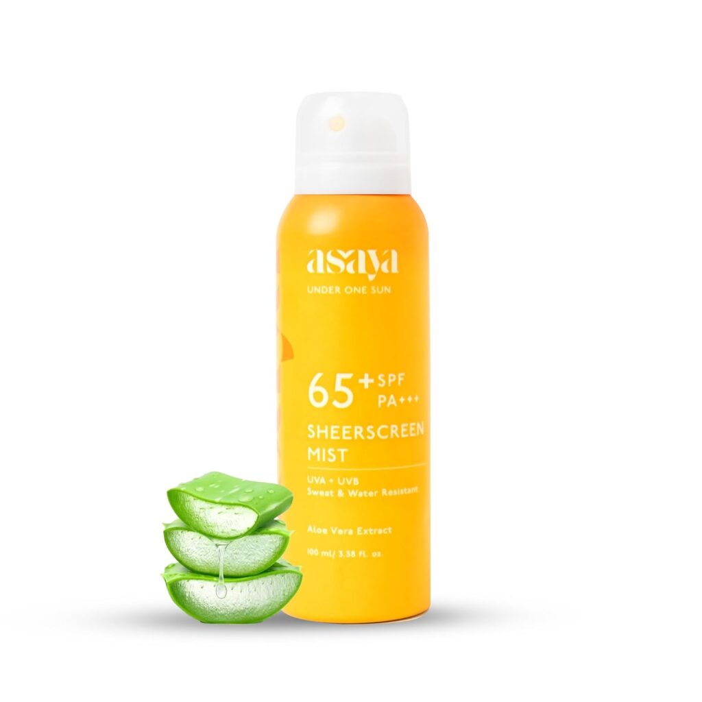 Asaya SPF 65+ Waterproof Sunscreen Spray | Broad Spectrum UVA/B Protection | Blue Light Sunscreen Protection | Quick Drying & Lightweight | No White Cast & Invisible Finish | Matte Finish | With Aloe Vera Extract for Hydration | Sweat & Water Resistant | Easy Reapplication | For Men & Women | Oily & Dry Skin | Face & Body | 100ml