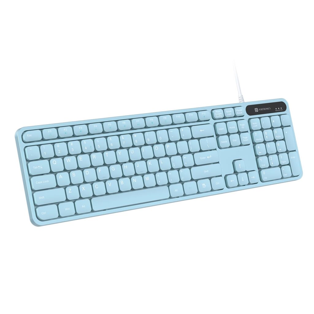 Portronics Ki-Pad 3 USB Wired Keyboard with Large Keycaps, Noise-Free Typing, Fn Multimedia Hotkeys, Full-Size Layout with Num Pad, Ergonomic Design, 1.5m USB Cable, for Laptop, PC, Mac (Blue)