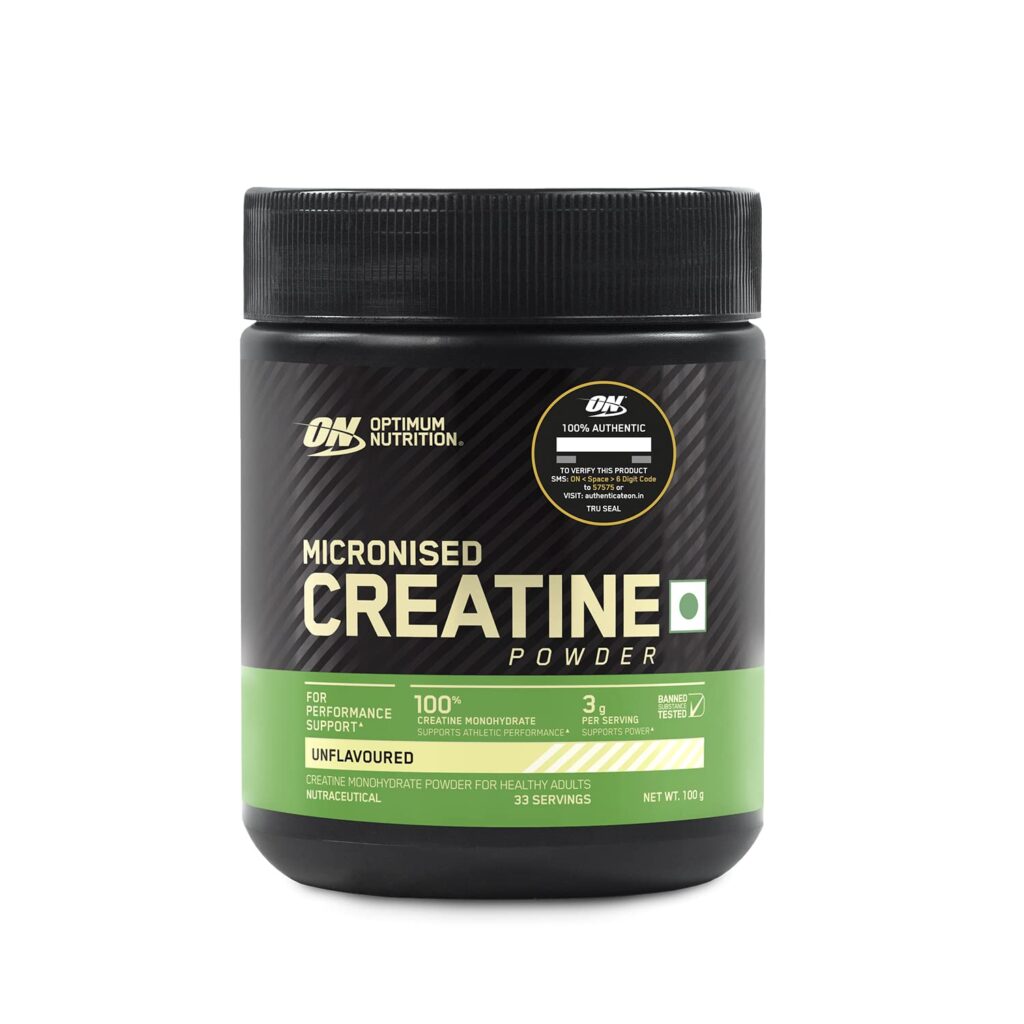 Optimum Nutrition (ON) Micronized Creatine Powder - 100 Gram, 33 Serves, 3g of 100% Creatine Monohydrate per serve, Supports Athletic Performance & Power, Unflavored.