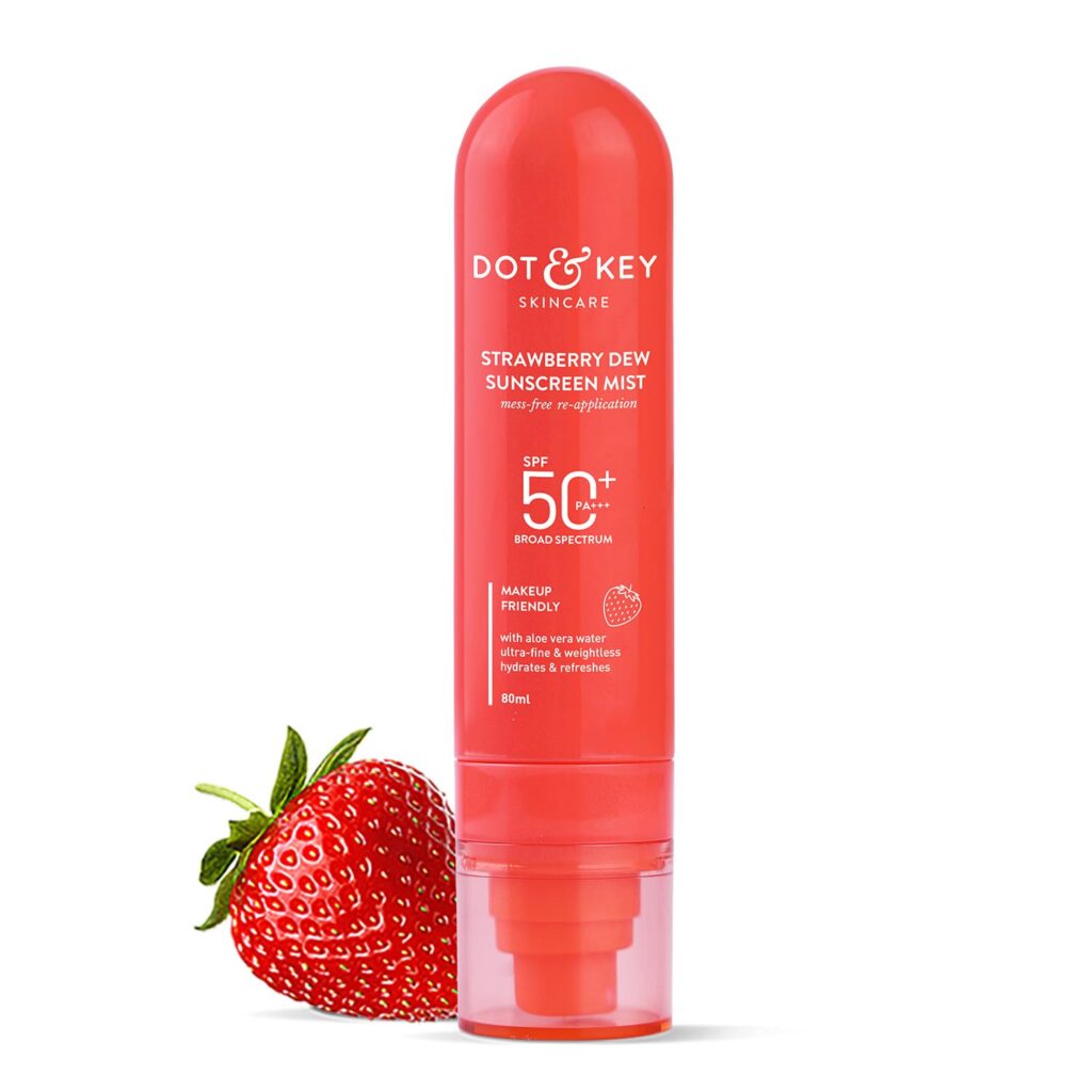 Dot & Key Strawberry + Niacinamide Sunscreen Mist SPF 50+ PA+++ | Brightens Skin, Makeup-Friendly, With Aloe Vera Water, Lightweight | Quick-Drying, Alcohol-Free, Hydrates & Refreshes, Easy Reapplication | 80ml