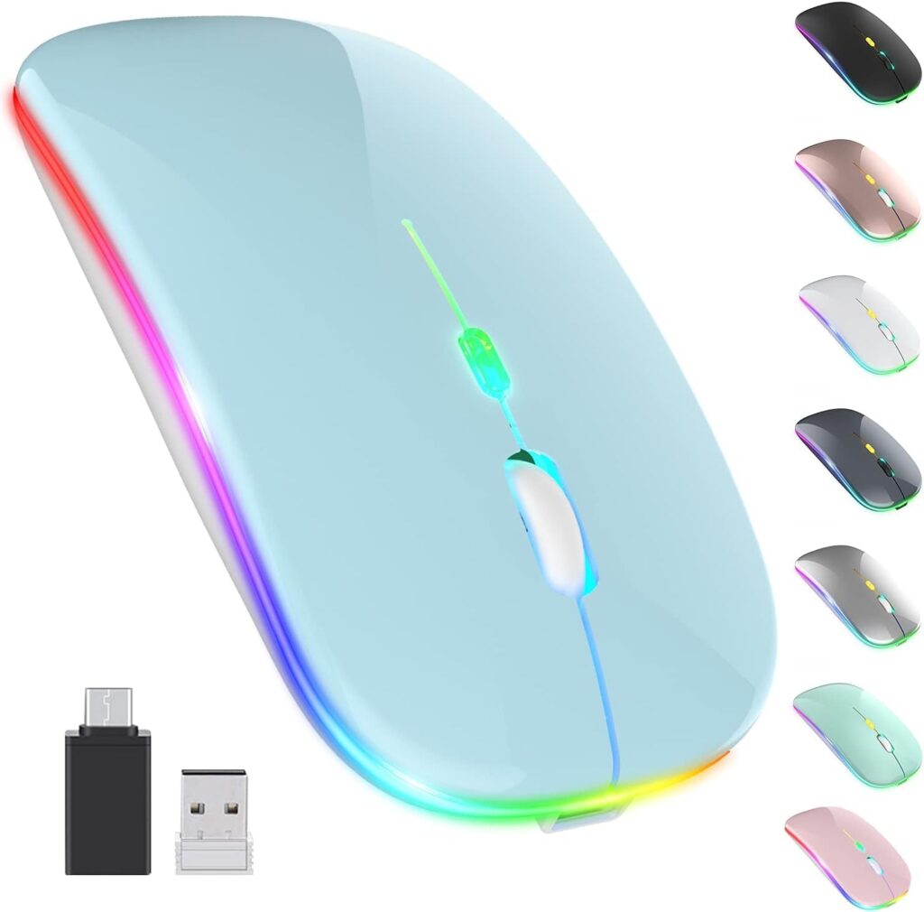 CLUSPEX LED Wireless Mouse, Slim Silent Mouse 2.4G Portable Mobile Optical Office Mouse with USB & Type-c Receiver, 3 Adjustable DPI Levels for Notebook, PC, Laptop, Computer (Blue)