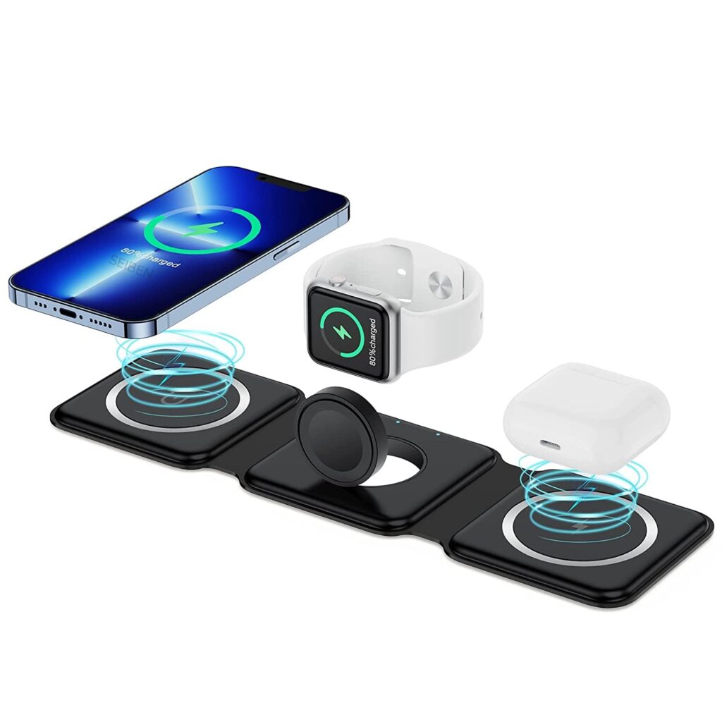 3 in 1 Magnetic Foldable MagSafe Wireless Charger for iPhone 17 to 12 Series | Compatible with AirPods Pro/2/3 | Compatible with only Apple Watch Series | 23W Charging | Wireless Charger - Matte Black