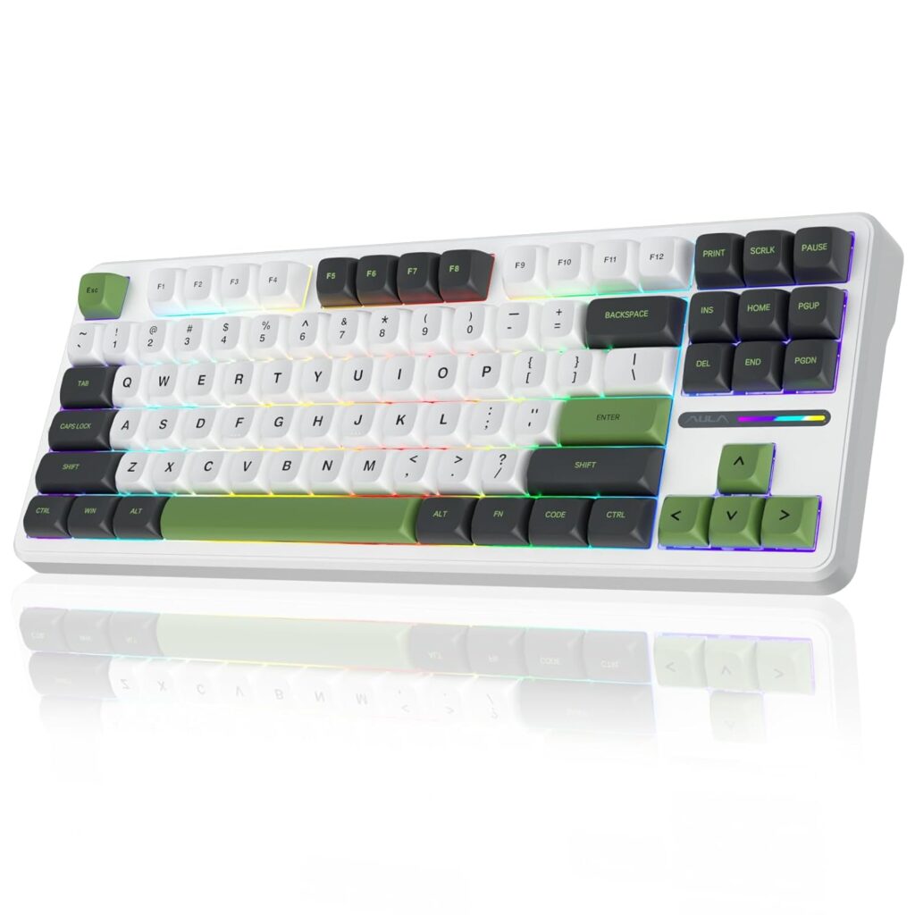 AULA F87 Wireless Mechanical Keyboard | 75% TKL Gasket Custom Hot Swappable Keyboard, 2.4Ghz/Type-C/Bluetooth Gaming Keyboard | Pre-lubed Switch RGB Backlit Keyboard (Green+White)