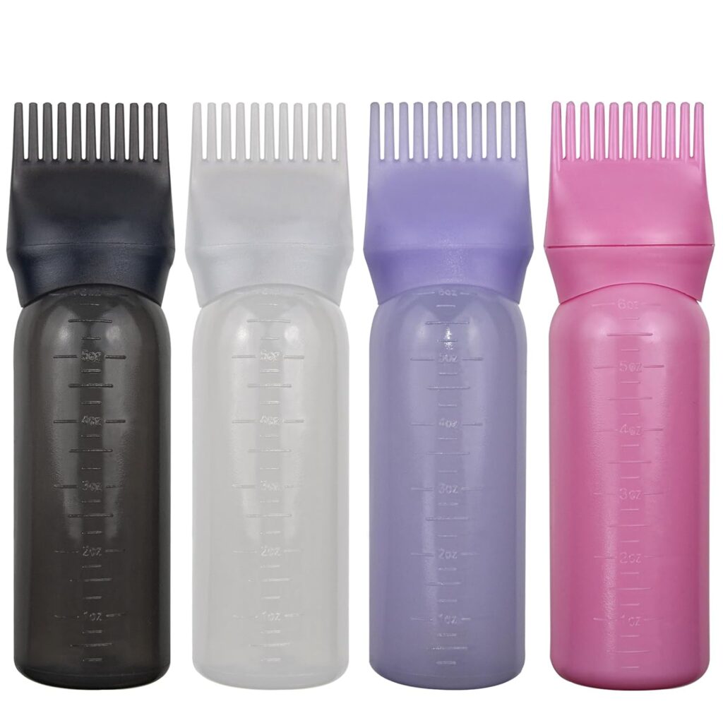 FZWONVUC 4 Pack Root Comb Applicator Bottle, Hair Oil Applicator, Oil Comb Applicator Bottle for Hair Dye Shampoos Hair Salons (Black+White+Purple+Pink)