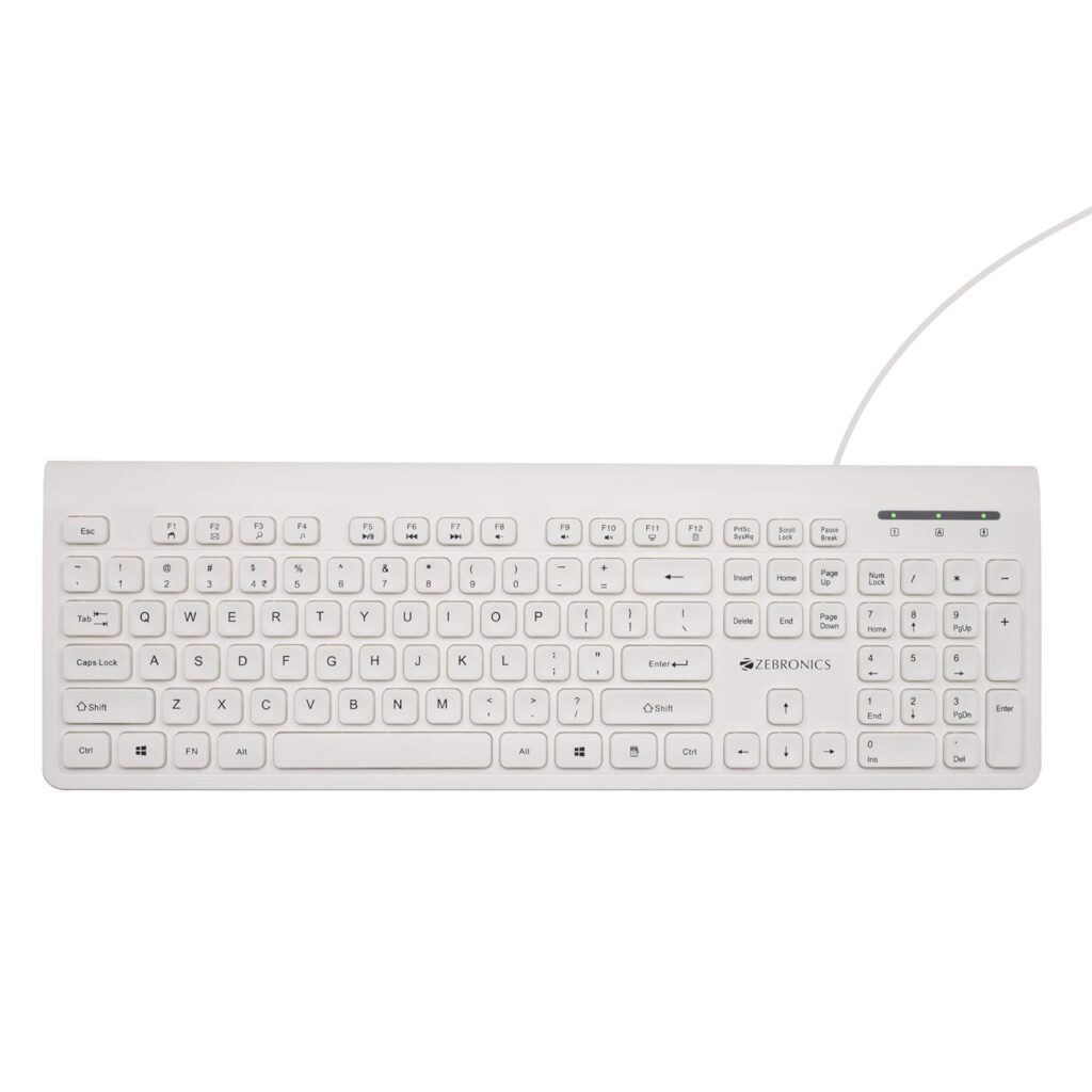 ZEBRONICS K51 Wired Keyboard with 105 Keys, 1.3m Cable, ₹ Key, USB Interface, 12 Integrated Multimedia Keys, Slim Design, Plug and Play (White)