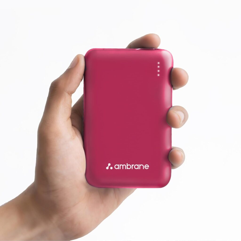 Ambrane 10000mAh Slimmest & Compact (Pocket/Bag Friendly) Powerbank, 22.5W Fast Charging, USB & Type C Output, Power Delivery, Quick Charge for iPhone, Android & Other Devices (Powerlit, Maroon)