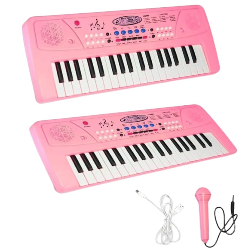 VikriDA Kids Keyboard Piano, 37 Keys Piano Keyboard with Power Option (37 Keys and 8 Tones, 8 Rhythms 4 Percussion) Pink