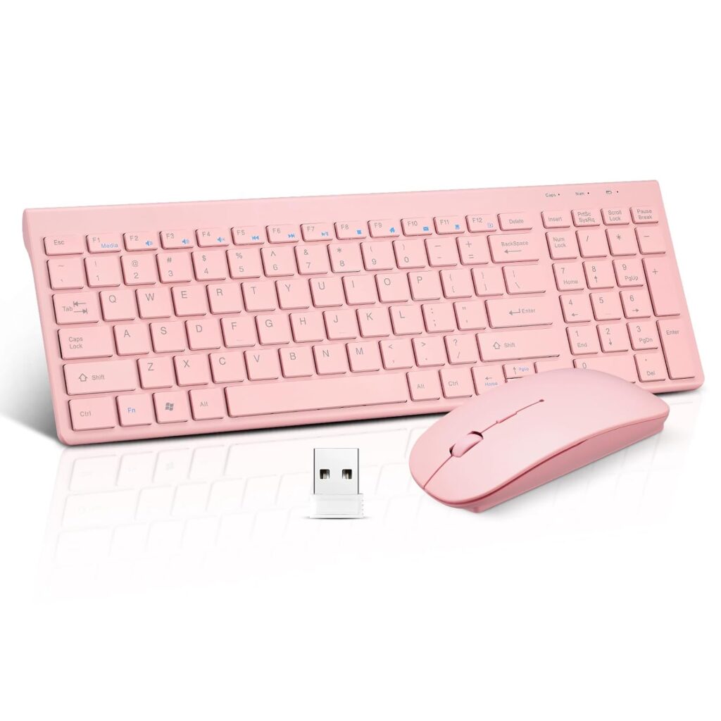 Wireless Keyboard and Mouse Combo, Compact Quiet Wireless Keyboard and Mouse Set 2.4G Ultra-Thin Sleek Design for Windows, Computer, Desktop, PC, Notebook, Laptop-Sakura Pink