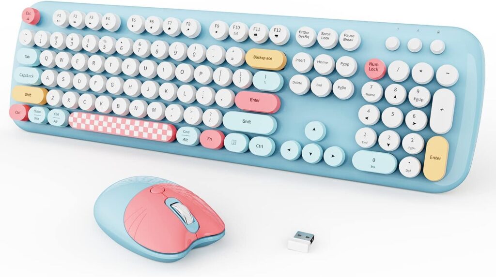 ELECTRO WOLF 104 Keys Full Size Wireless Keyboard & Mouse Retro Cordless Combo, Cute Colorful Typewriter Ergonomic Keyboard & Mouse for PC, Laptop, Desktop (Blue)