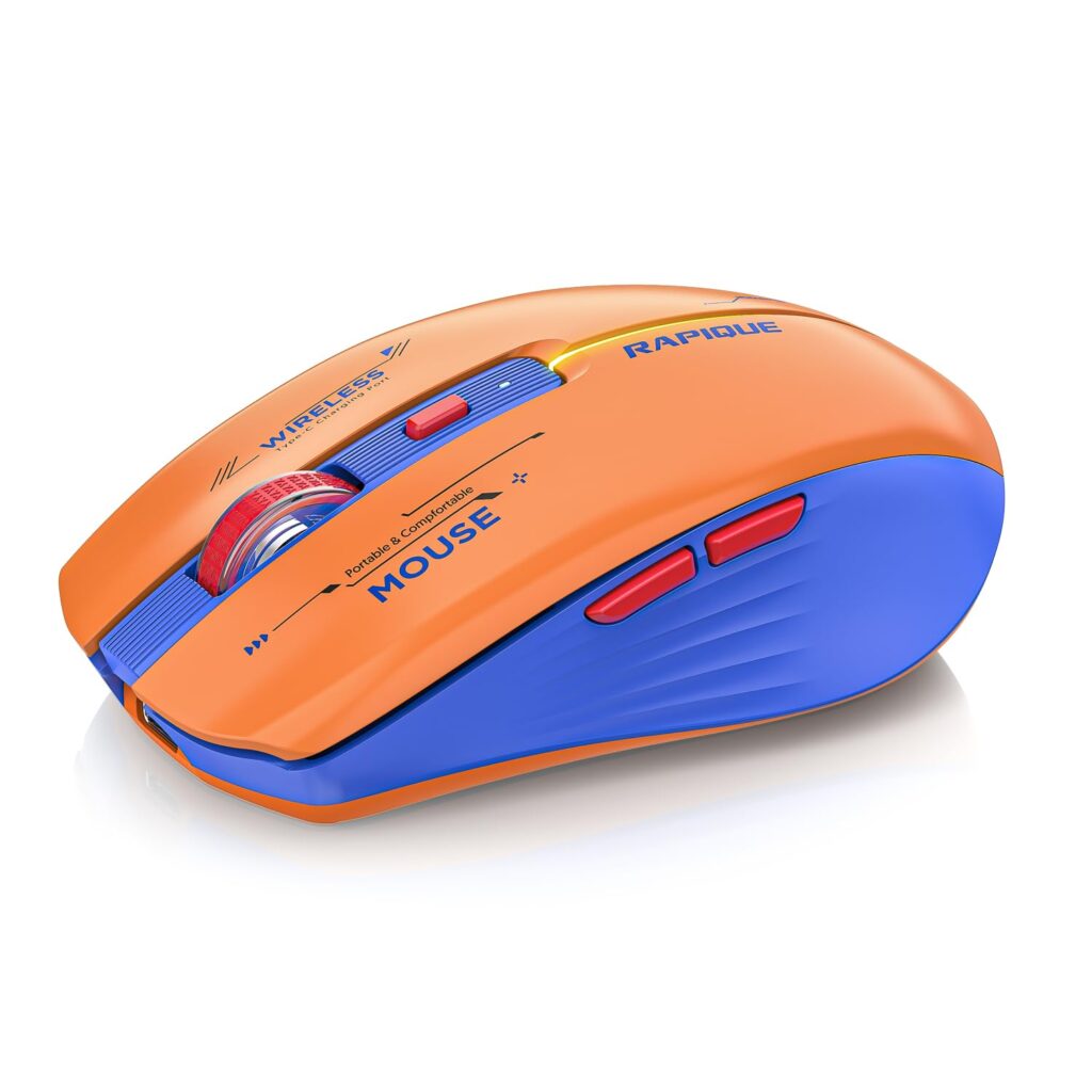 RAPIQUE Bluetooth Wireless Mouse - (BT1/BT2+USB Receiver) Dual Mode, Rechargeable, Quiet Click, Multi-Device Compatibility for Laptop, Computer, MacBook, Tablet (Blue and Orange)