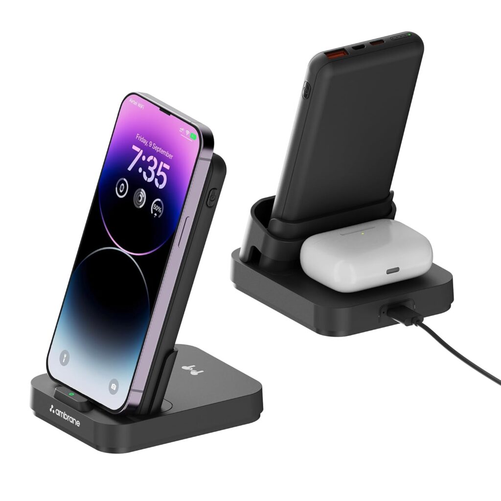 Ambrane 4 in 1 Wireless Charging 10000mAh Power Bank 15W Fast Charging, USB & Type C Output, Power Delivery, Quick Charge for iPhone, Android & Other Devices (Aerosync Quad, Black)