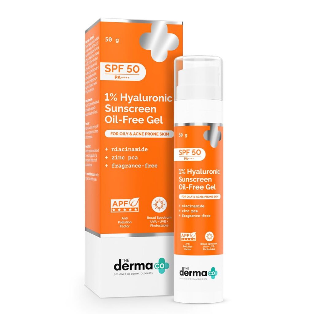 The Derma Co 1% Hyaluronic Sunscreen Oil-Free Matte Gel SPF 50 PA++++ | For Oily, Acne-Prone Skin | Lightweight Texture | No White Cast | Broad Spectrum Protection & Blue Light Protection | Clinically Tested - (In -Vivo) | Tan Protection | Photostable| For Men & Women | 50 g