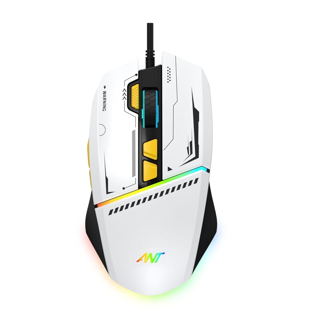Ant Ghost 50 Plug and Play RGB 8 Programable Buttons High End 12800 DPI 1000hz Pooling Rate Optical Ergonomic Wired Gaming Mouse Latest Inbuilt Software Huano Switches -White