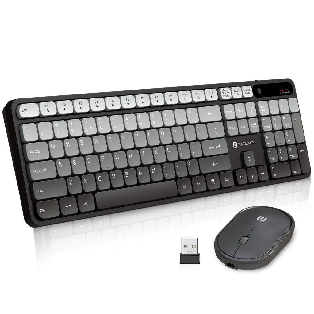 Portronics Key11 Combo Rechargeable Wireless Keyboard and Mouse Set, Bluetooth 5.3&2.4GHz Wireless,Type-C Fast Charging,Gradient Keys, Noiseless Typing, High Precision Mouse, for PC&Laptop(Grey)