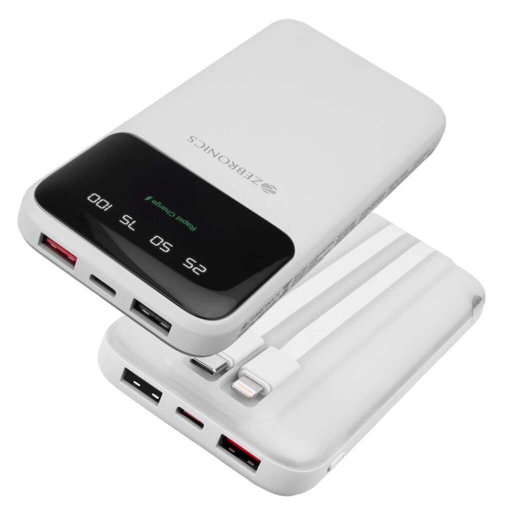 ZEBRONICS MW60 Power Bank, 10000 mAh, Rapid Charge, 20W Output, Outputs - Dual USB | Dual Type C | Lightning, Type C PD, LED Indicator, Built in I/O Cables, Made in India (White)