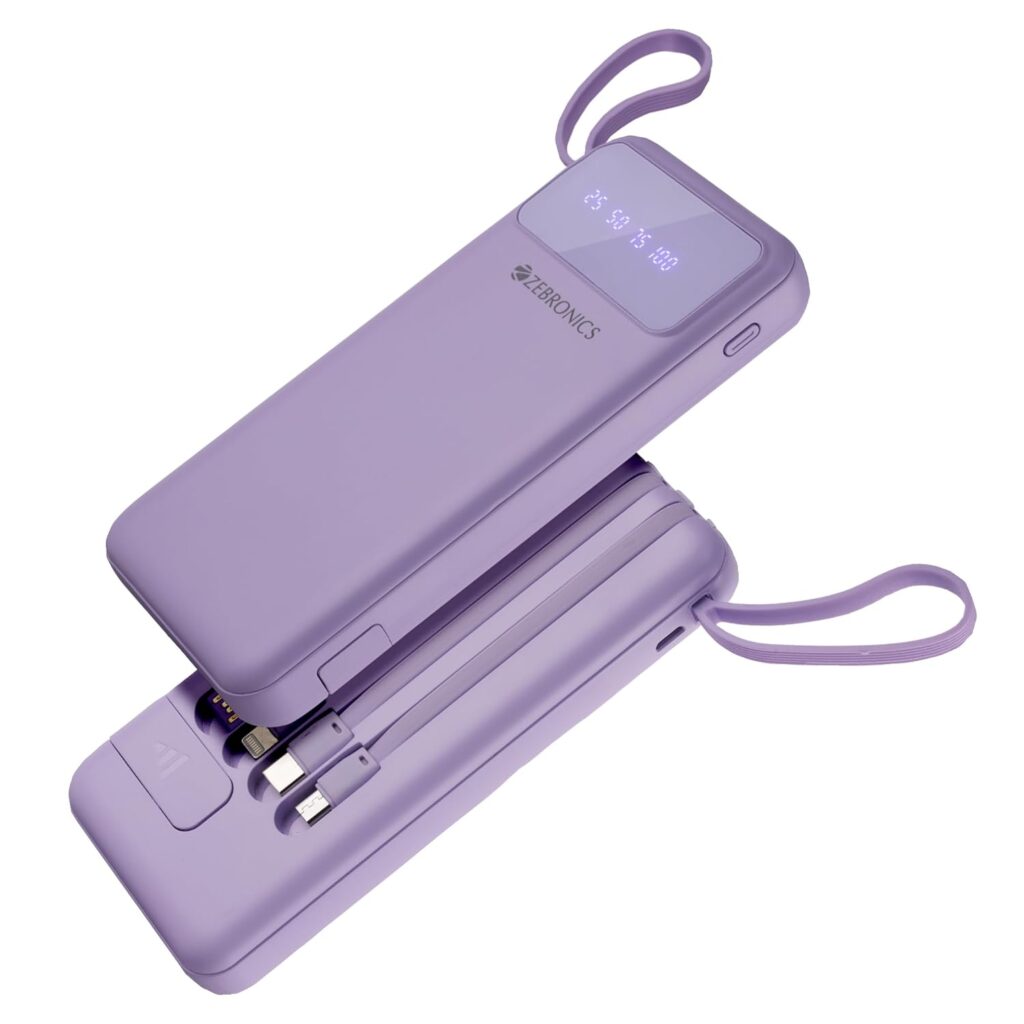 ZEBRONICS MB10000S6 Power Bank, 10000 mAh, 12W, 5 x Outputs - Dual USB A | Type C | Micro USB | Lightning, Built in I/O Cables, Percentage Display, Carry Loop, Made in India (Lavender)